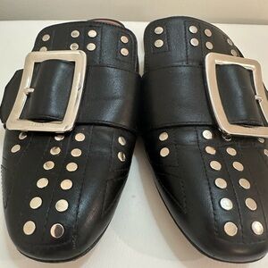 Bally Black Studded Leather Mules with Silver Buckle